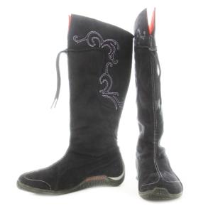 PUMA ロングブーツ スニーカーブーツ スエード ウエスタン 刺繍 ロゴ ドローコード 24cm 黒 ブラック