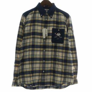 ボタンダウンシャツ フランネル コーデュロイ 長袖 チェック柄 総柄 ロゴ 刺繍 L 紺 ネイビー /XZ