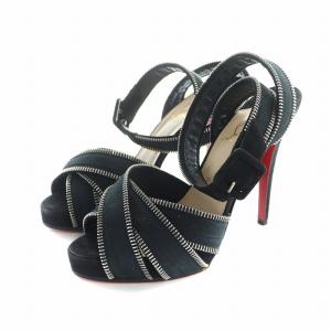 サンダル ハイヒール ストラップ レザー デザインジップ ロゴ 37.5 24.5cm 黒 ブラック GY18