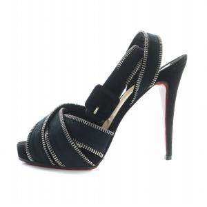 Christian Louboutin サンダル ハイヒール ストラップ レザー デザインジップ ロゴ 37.5 24.5cm 黒 ブラック GY18