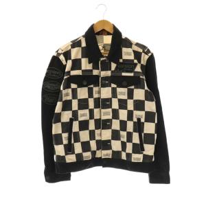 ジャケット ステンカラー フラッグチェック ロゴ ワッペン 刺繍 L 黒 ブラック アイボリー /AT