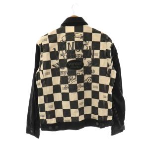 vanson Leathers ジャケット ステンカラー フラッグチェック ロゴ ワッペン 刺繍 L 黒 ブラック アイボリー /AT