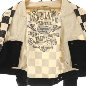 vanson Leathers ジャケット ステンカラー フラッグチェック ロゴ ワッペン 刺繍 L 黒 ブラック アイボリー /AT