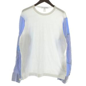 Tシャツ カットソー ロンT 長袖 クルーネック 袖切り替え M 白 ホワイト 青 ブルー /XZ GY18