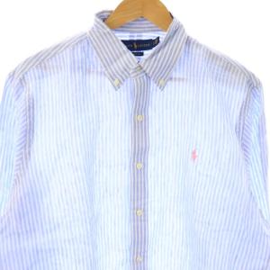 RALPH LAUREN ボタンダウンシャツ リネン ストライプ 長袖 L 水色 白 /CX OS GY18