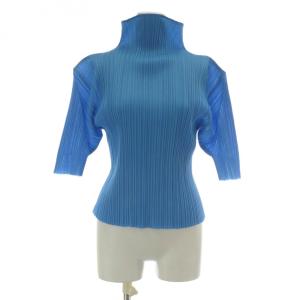 カットソー トップス 五分袖 プリーツ ハイネック 水色 ライトブルー /XZ GY18