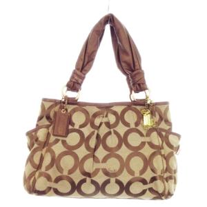 ハンドバッグ トートバッグ キャンバス レザー オプアート ロゴ 総柄 チャーム付き 茶 ブラウン 13432