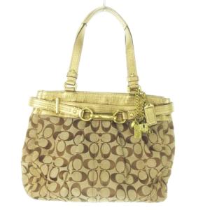 ハンドバッグ キャンバス レザー ロゴ シグネチャー 総柄 メタリック ロゴチャーム 茶 ブラウン 12467