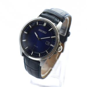 SEIKO 腕時計 ウォッチ ソーラー カレンダー付き 青文字盤 レザーベルト シルバー色 V147-0AV0 GY11