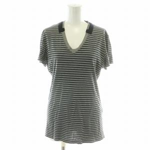 Tシャツ カットソー 半袖 Vネック ボーダー柄 XS 灰 グレー 黒 ブラック 8H3364840131