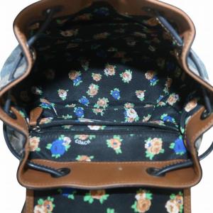COACH リュックサック デイバッグ デニム キャンバス レザー 巾着 内側花柄 ロゴ インディゴ 紺 ネイビー