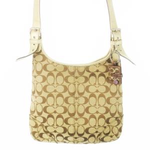 ショルダーバッグ キャンバス レザー 革 ハク メタリック シグネチャー ブックチャーム ベージュ F14182