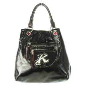 2 ハンドバッグ レザー 革 エナメル ロゴ ステッチ 変形 ポーチ付き 黒 ブラック /CK14 GY18