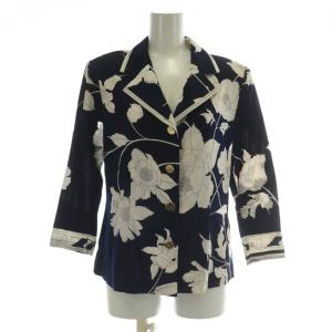 ファッション FASHION シャツ ブラウス 七分袖 花柄 総柄 肩パッド 金ボタン L 紺 ネイビー