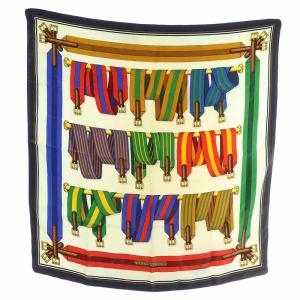 カレ90 J.METZ スカーフ 絹 シルク ベルト サスペンダー柄 総柄 ロゴ マルチカラー /XZ