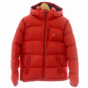 ダウンジャケット アウター スタンドネック フード フーディ 取外し可 ロゴ刺繍 L 赤 レッド 紺 ネイビー