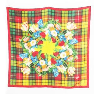 スカーフ ストール 大判 スクエア ウール 花柄 チューリップ ダリア ガーベラ チェック ロゴ 赤 レッド