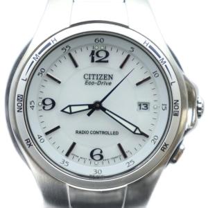 腕時計 ウォッチ エコドライブ 電波ソーラー カレンダー付き 白文字盤 ロゴ シルバー色 A412-T005390Y