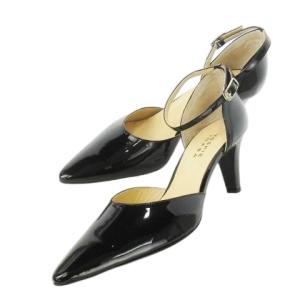 アンクルストラップパンプス ハイヒール ポインテッドトゥ レザー 革 エナメル パテント 24.0 黒