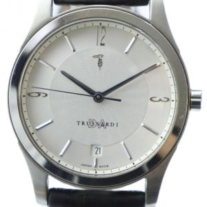 腕時計 ウォッチ クォーツ ロゴ レザーベルト カレンダー付き シルバー色 TRD-2097 GY11