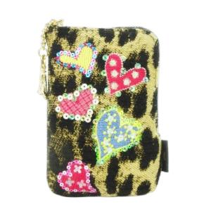 ポーチ ミニ ジャガード ハート ヒョウ柄 レオパード スパンコール ビーズ 刺繍 茶 ブラウン /AH20