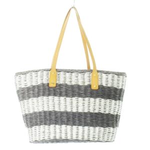 TORY BURCH トートバッグ かごバッグ 紙 ハク メタリック レザー 革 Tロゴ ボーダー グレー /CK13 GY18