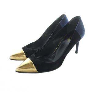 パンプス ポインテッドトゥ ロゴ ハイヒール スエード レザー 36.5 23.5cm 黒 ブラック 紺