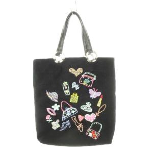 トートバッグ パイル ベロア 刺繍 ビーズ スパンコール ラインストーン ロゴ 黒 ブラック /AH9