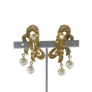 SONIA RYKIEL ヴィンテージ イヤリング アクセサリー 両耳用 クリップ式 リボンモチーフ フェイクパール ゴールドカラー