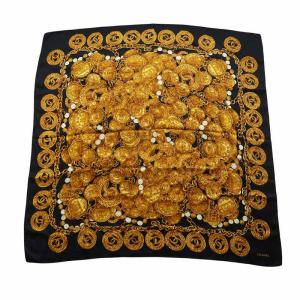 大判スカーフ シルク ロゴ チェーン ココマーク ネイビー ゴールドカラー