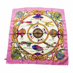 大判スカーフ ストール 絹 シルク 気球 飛行機 総柄 ロゴ ピンク GY17 /MQ OH