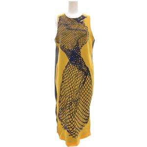 ジャガードニットノースリーブワンピース ロング スリット 幾何学柄 XS 黄 イエロー 青 ブルー /GV