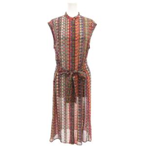 美品 ノースリーブシャツワンピース シアー ロング バンドカラー リボンベルト 総柄 ボタン柄 38 ピンク系