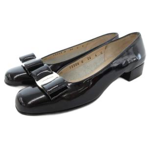 ヴァラ パンプス シューズ ローヒール リボン エナメル 4 21.5cm 黒 ブラック /AE GY17