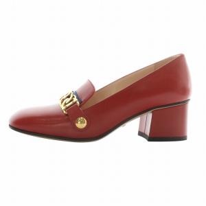GUCCI シルヴィ パンプス レザー スクエアトゥ チャンキーヒール チェーン ゴールド金具 34 21cm 赤