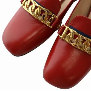 GUCCI シルヴィ パンプス レザー スクエアトゥ チャンキーヒール チェーン ゴールド金具 34 21cm 赤