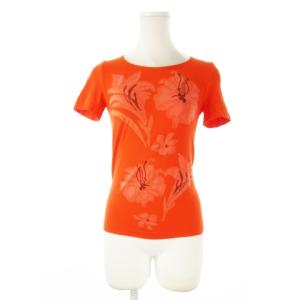 Tシャツ ニット ラウンドネック 半袖 インターシャ 花柄 ストレッチ S オレンジ /CK25 GY17