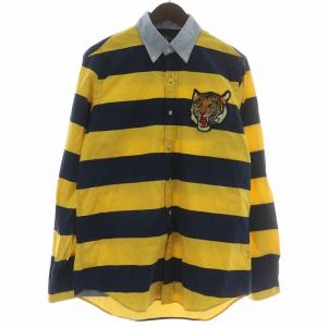 ボタンダウンシャツ 長袖 ボーダー柄 総柄 虎柄 タイガー 刺繍 ワッペン M 黄色 イエロー 紺 ネイビー