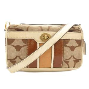 F11638  シグネチャー ミニショルダーバッグ 斜め掛け クロスボディ ロゴ キャンバス レザー ベージュ