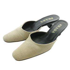 ミュール パンプス キャンバス レザー ラウンドトゥ ローヒール 36.5 23.5cm ベージュ 黒