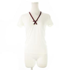 カットソー Vネック 半袖 ギャザー シェリーライン リボン バックロゴ刺繍 XS 白 ホワイト /CK24