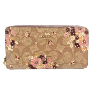 F31651 シグネチャー 長財布 ウォレット ラウンドファスナー 花柄 PVC ロゴ ラメ 茶 ブラウン