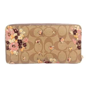COACH F31651 シグネチャー 長財布 ウォレット ラウンドファスナー 花柄 PVC ロゴ ラメ 茶 ブラウン