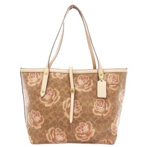 31700 シグネチャー ローズプリント マーケット ハンドバッグ トート 肩掛け PVC 茶 ブラウン