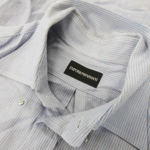 EMPORIO ARMANI 長袖シャツ 総柄 ストライプ ロゴ刺繍 43/17 LL 青 ブルー /MN21 GY18