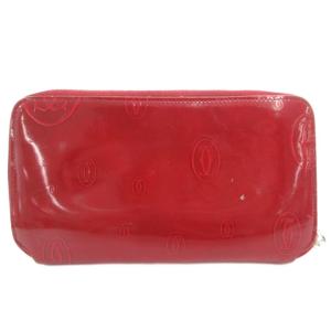Cartier ハッピーバースデイ 長財布 ウォレット ラウンドファスナー ドゥーブルC柄 エナメルレザー 赤 レッド