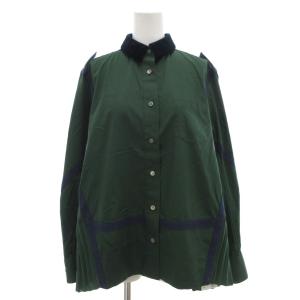 シャツ ブラウス プリーツ 襟ベロア切替 長袖 緑 グリーン /AE GY18