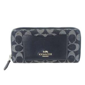 長財布 ロングウォレット 小銭入れあり ラウンド キャンバス デニム レザー 革 シグネチャー ロゴ 紺