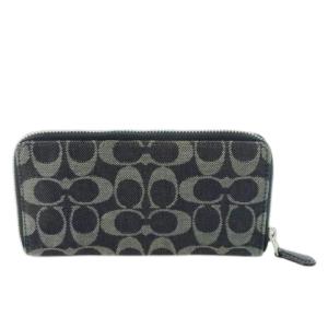 COACH 長財布 ロングウォレット 小銭入れあり ラウンド キャンバス デニム レザー 革 シグネチャー ロゴ 紺