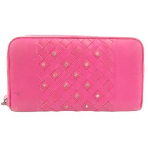 イントレチャート 長財布 ウォレット ラウンドファスナー 編み込み ラインストーン レザー ピンク /GV
